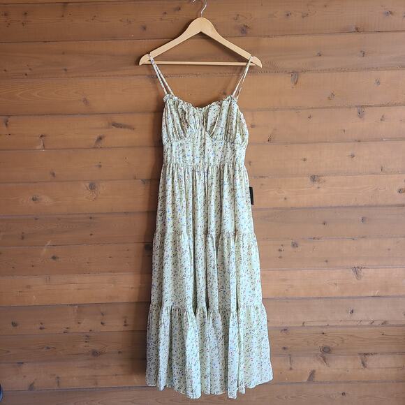 Lulu's Pastel Yellow Floral Bustier Tier Flowy Maxi Dress M NWT Prairie Cottage - Picture 1 of 5